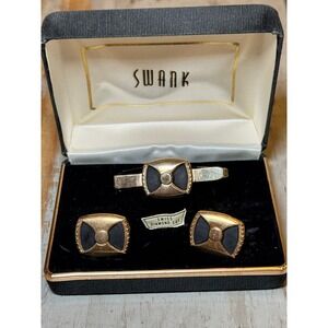 Vintage SWANK Men's Cuff Links & Tie Clip In Original Box Gold tone & Black